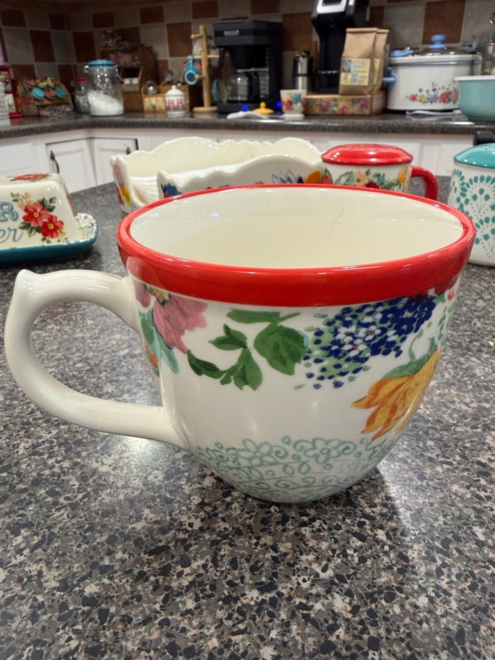 The Pioneer Woman “Country Garden”Floral Ceramic Mug with Red Rim